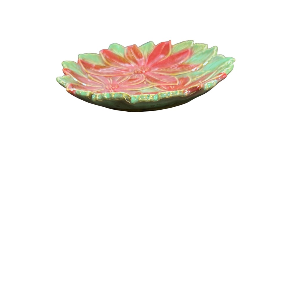 Vintage Majolica Style Ceramic Poinsettia Plate Red Green Holiday Wall Decor - Picture 4 of 7
